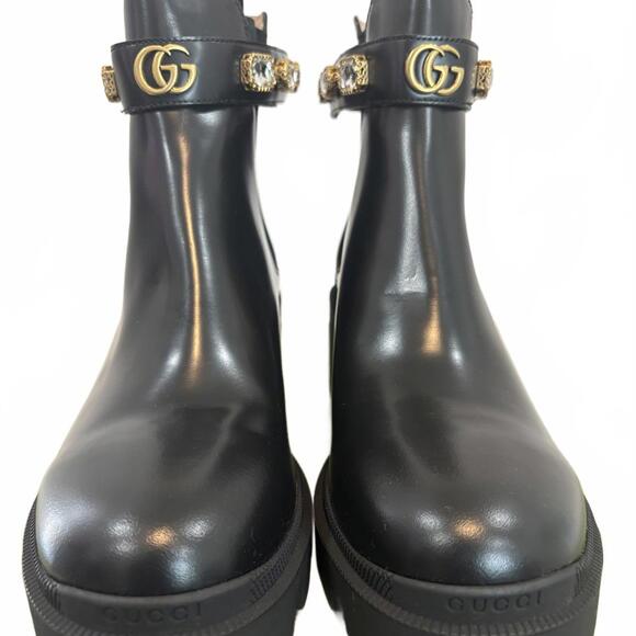 NWT Gucci Black Leather Women's Ankle Boots with Embellished Strap US 41.5 - Picture 1 of 6